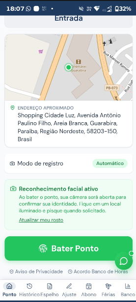 Captura real enviada do CheckPonto® com modo automático, reconhecimento facial ativo e botão Bater Ponto